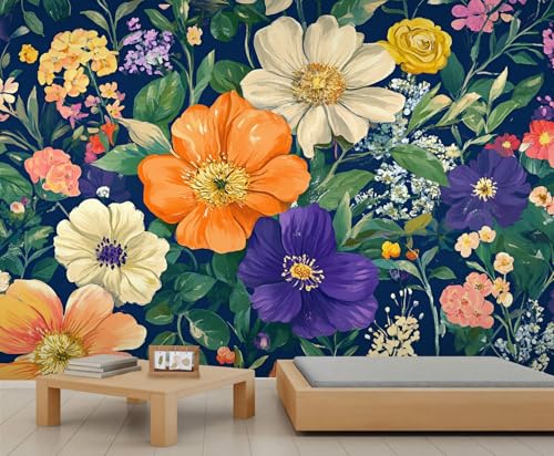 Blumen Wandbild Bunte Blumen Wandtapete Dunkelblaue Tapete Natur Botanische Tapete für Schlafzimmer Wohnzimmer Poster 100 X 70 cm von Generic