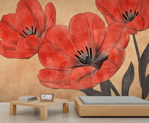 Blumen Wandbild Rote Mohnblumen Hellbraune Tapete Blumenstiele und Blätter Wandpapier für Schlafzimmer Wohnzimmer Poster 232 X 158 cm Blumen Wandbild Rote Mohnblumen Hellbraune Tapete Blumenstiele und Blätter Wandpapier für Schlafzimmer Wohnzimmer Poster 232 X 158 cm von Generic