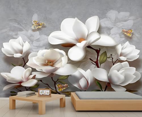 Blumen Wandbild Weiße Magnolie Wandbild Tapete Schmetterlingstapete Elegante Blumen Tapete für Mädchenschlafzimmer Wandbilder Wohnzimmer Gemälde Poster 200X140cm von Generic
