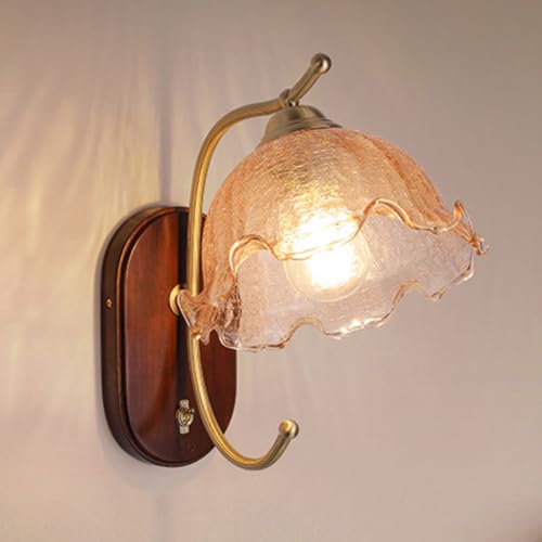 Blumen Wandlampe Kristall Vintage Wandleuchte Florentiner Landhausstil Glas Lampenschirm Wandleuchte Holz Retro Flurlampe d Dekorative Nachttischlampe Innen Kupfer E27 für Schlafzimmer von Generic