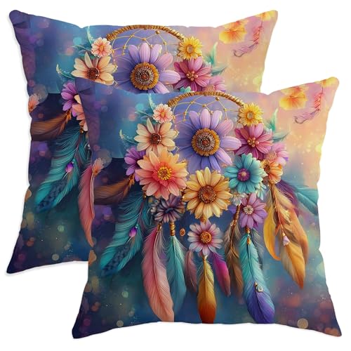 Bohemian-Kissenbezüge mit Blumenmuster, 2er-Set, buntes Traumfänger-Design, lebendige dekorative Bauernhaus-Kissenbezüge für Zuhause, Sofa, Bett, Couch, 66 x 66 cm Bohemian-Kissenbezüge mit Blumenmuster, 2er-Set, buntes Traumfänger-Design, lebendige dekorative Bauernhaus-Kissenbezüge für Zuhause, Sofa, Bett, Couch, 66 x 66 cm von Generic