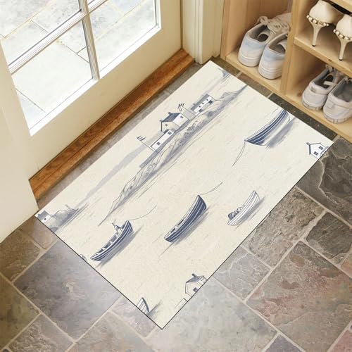 Bootshaus Fußmatte Schmutzfangmatte Innen 45 X 75 cm rutschfeste Waschbar Fussmatte, Sauberlaufmatte Teppich Für Eingangsbereich, Haustür, Flur, Porch - Creme Küstenillustrationen von Generic