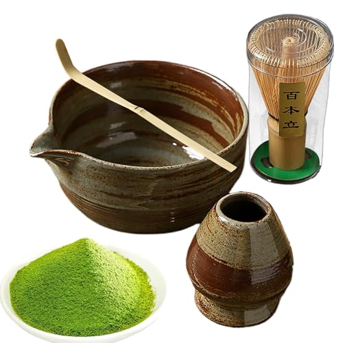 Bowl Set - Schneebesen mit Löffel, Ständer und Ausgießer | Komplett-Set für die traditionelle Zeremonie, Schneebesen und Bambusständer, perfektes Set für die Herstellung von echtem Tee von Generic