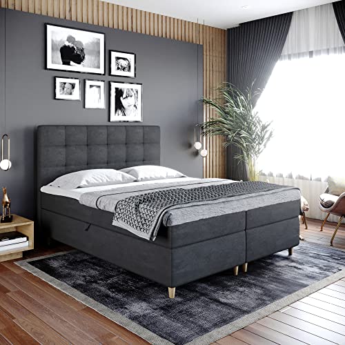 Boxspringbett Dante - Doppelbett, Bett mit Bonellmatratze und Topper, 2 Bettkästen für Bettwäsche, Polsterbett, Modern, Elegant, Schlafzimmer, Schlafzimmermöbel, Schlafzimmerbett (140x200, Anthrazit) von Furnistar