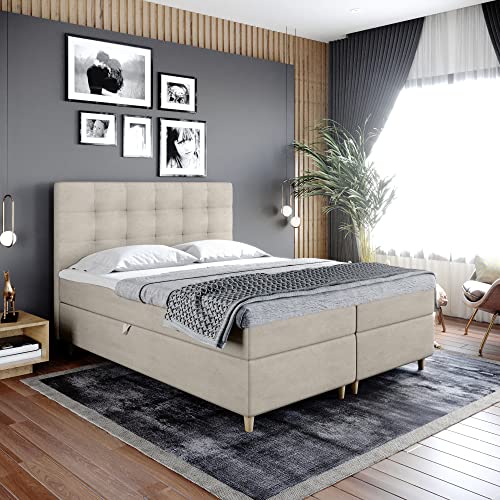 Boxspringbett Dante - Doppelbett, Bett mit Bonellmatratze und Topper, 2 Bettkästen für Bettwäsche, Polsterbett, Modern, Elegant, Schlafzimmer, Schlafzimmermöbel, Schlafzimmerbett (140x200, Beige) von Generic