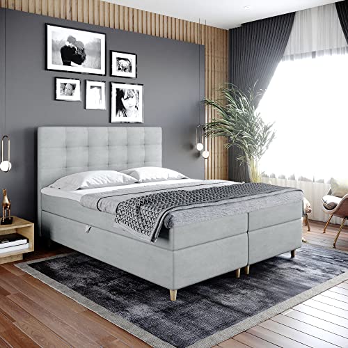 Boxspringbett Dante - Doppelbett, Bett mit Bonellmatratze und Topper, 2 Bettkästen für Bettwäsche, Polsterbett, Modern, Elegant, Schlafzimmer, Schlafzimmermöbel, Schlafzimmerbett (140x200, Grau) von Generic