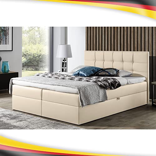 Boxspringbett Doppelbett Leo - Bett mit Bonellmatratze, mit Bettkasten für Bettwäsche und Topper. Widerstandsfähiger und angenehm zu berührender Kunstleder mit Bettkasten (Beige, 140x200) von Generic