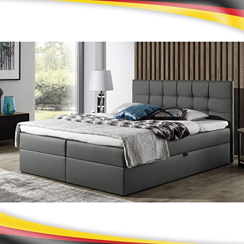 Boxspringbett Doppelbett Leo - Bett mit Bonellmatratze, mit Bettkasten für Bettwäsche und Topper. Widerstandsfähiger und angenehm zu berührender Kunstleder mit Bettkasten (Grau, 120x200) von Furnistar