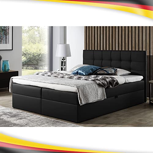 Boxspringbett Doppelbett Leo - Bett mit Bonellmatratze, mit Bettkasten für Bettwäsche und Topper. Widerstandsfähiger und angenehm zu berührender Kunstleder mit Bettkasten (Shwarz, 180x200) von Furnistar