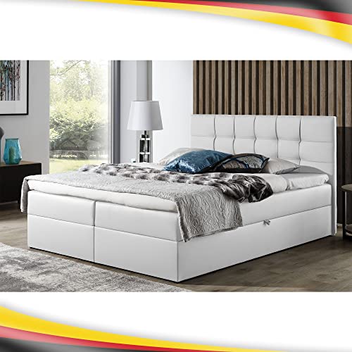 Boxspringbett Doppelbett Leo - Bett mit Bonellmatratze, mit Bettkasten für Bettwäsche und Topper. Widerstandsfähiger und angenehm zu berührender Kunstleder mit Bettkasten (Weiss, 160x200) von Furnistar