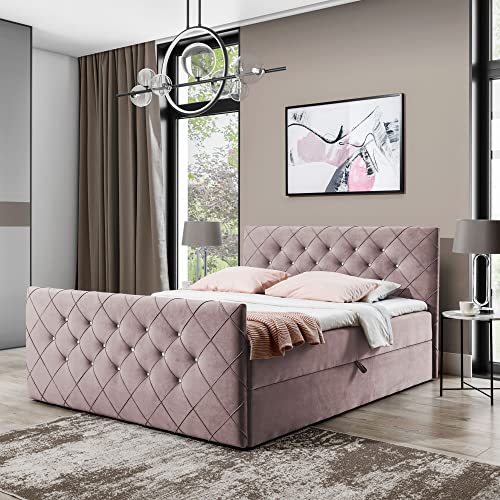Boxspringbett Doppelbett MONAKO - Bett mit Bonellmatratze, mit Bettkasten für Bettwäsche und Topper. Gepolstertes Kopfteil und Fussteil mit Einer eleganten Steppung verziert (Altrosa, 160x200) von Furnistar