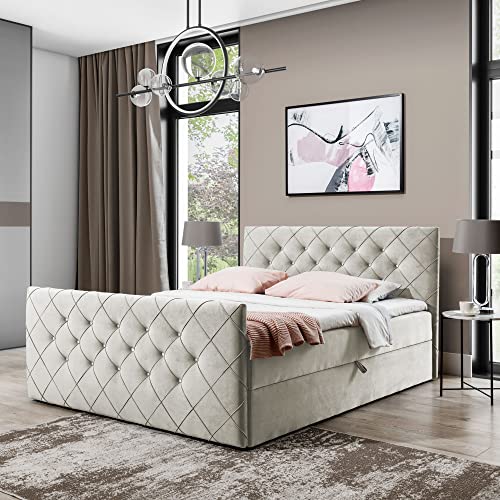 Boxspringbett Doppelbett MONAKO - Bett mit Bonellmatratze, mit Bettkasten für Bettwäsche und Topper. Gepolstertes Kopfteil und Fussteil mit Einer eleganten Steppung verziert (Beige, 140x200) von Generic