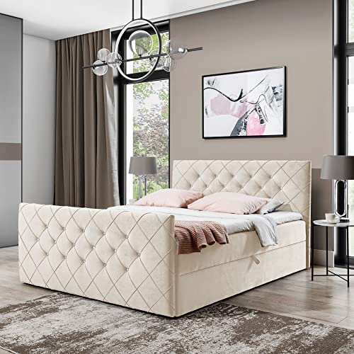 Boxspringbett Doppelbett MONAKO - Bett mit Bonellmatratze, mit Bettkasten für Bettwäsche und Topper. Gepolstertes Kopfteil und Fussteil mit Einer eleganten Steppung verziert (Creme, 160x200) von Generic