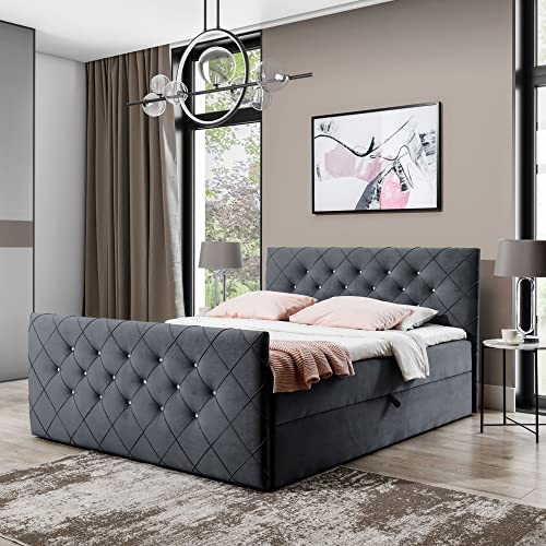 Boxspringbett Doppelbett MONAKO - Bett mit Bonellmatratze, mit Bettkasten für Bettwäsche und Topper. Gepolstertes Kopfteil und Fussteil mit Einer eleganten Steppung verziert (Dunkel grau, 200x200) von Furnistar