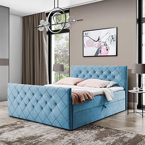 Boxspringbett Doppelbett MONAKO - Bett mit Bonellmatratze, mit Bettkasten für Bettwäsche und Topper. Gepolstertes Kopfteil und Fussteil mit Einer eleganten Steppung verziert (Hell blau, 200x200) von Generic