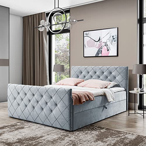 Boxspringbett Doppelbett MONAKO - Bett mit Bonellmatratze, mit Bettkasten für Bettwäsche und Topper. Gepolstertes Kopfteil und Fussteil mit Einer eleganten Steppung verziert (Hell grau, 120x200) von Generic