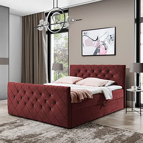 Boxspringbett Doppelbett MONAKO - Bett mit Bonellmatratze, mit Bettkasten für Bettwäsche und Topper. Gepolstertes Kopfteil und Fussteil mit Einer eleganten Steppung verziert (Rotwein, 140x200) von Generic