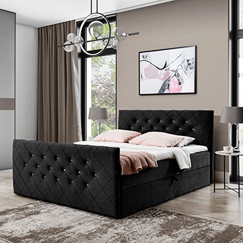 Boxspringbett Doppelbett MONAKO - Bett mit Bonellmatratze, mit Bettkasten für Bettwäsche und Topper. Gepolstertes Kopfteil und Fussteil mit Einer eleganten Steppung verziert (Shwarz, 160x200) von Generic