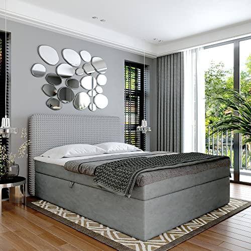 Boxspringbett Doppelbett Suzi - Gepolstertes Kopfteil mit Einer Eleganten Weichen Kissendesign. Bett mit Bonellmatratze mit Bettkasten für Bettwäsche und Topper. (Grau, 160x200) von Furnistar