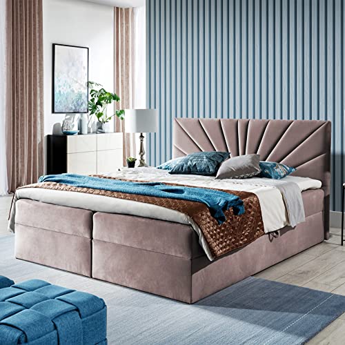 Boxspringbett Doppelbett TEO - Bett mit Bonellmatratze, mit Bettkasten für Bettwäsche und Topper. Gepolsterte Kopfstütze in 3 verschiedenen Varianten (Altrosa, 160x200 TEO 2) von Furnistar