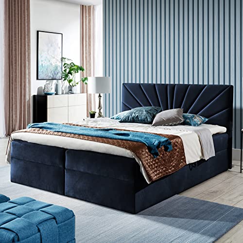 Boxspringbett Doppelbett TEO - Bett mit Bonellmatratze, mit Bettkasten für Bettwäsche und Topper. Gepolsterte Kopfstütze in 3 verschiedenen Varianten (Dunkel blau, 180x200 TEO 2) von Generic