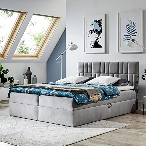 Boxspringbett Doppelbett TEO - Bett mit Bonellmatratze, mit Bettkasten für Bettwäsche und Topper. Gepolsterte Kopfstütze in 3 verschiedenen Varianten (Grau, 140x200 TEO 1) von Generic