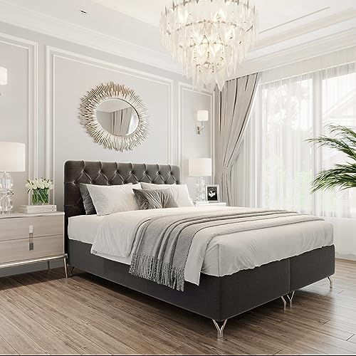Boxspringbett GracePLUS 120x200 Schwarz Doppelbett Bett mit Bonellmatratze Topper und Bettkasten Glamour Polsterbett mit silbernen 12 cm Beinen Modern Schlafzimmer Vintage Schlafzimmerbett von Furnistar