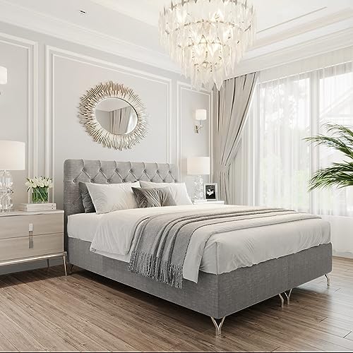 Boxspringbett GracePLUS 140x200 Grau Doppelbett Bett mit Bonellmatratze Topper und Bettkasten Glamour Polsterbett mit silbernen 12 cm Beinen Modern Schlafzimmer Vintage Schlafzimmerbett von Furnistar