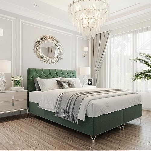 Boxspringbett GracePLUS 160x200 Grün Doppelbett Bett mit Bonellmatratze Topper und Bettkasten Glamour Polsterbett mit silbernen 12 cm Beinen Modern Schlafzimmer Vintage Schlafzimmerbett von Furnistar