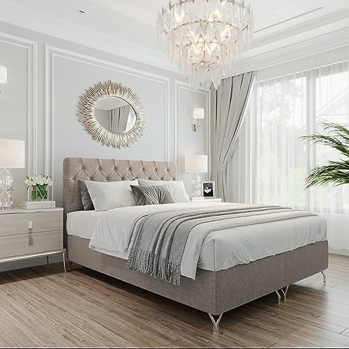 Boxspringbett GracePLUS 200x200 Braun Doppelbett Bett mit Bonellmatratze Topper und Bettkasten Glamour Polsterbett mit silbernen 12 cm Beinen Modern Schlafzimmer Vintage Schlafzimmerbett von Furnistar