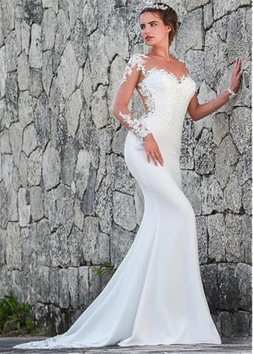 Brautkleid Frauen Weiß Langarm V-Ausschnitt A Linie Elegant Empire Taille Spitze Applikationen Plus Size Braut Fischschwanz Maxikleid, White, 38 Brautkleid Frauen Weiß Langarm V-Ausschnitt A Linie Elegant Empire Taille Spitze Applikationen Plus Size Braut Fischschwanz Maxikleid, White, 38 von Generic