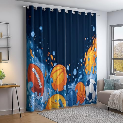 Bunt Blickdicht Gardinen mit Ösen, Cartoon Sport Ball Wasserspritzer Bedruckt - H240×B132 cm 2er Set, Thermovorhang Kälteschutz Schallschutz Vorhang für Wohnzimmer Schlafzimmer von Generic
