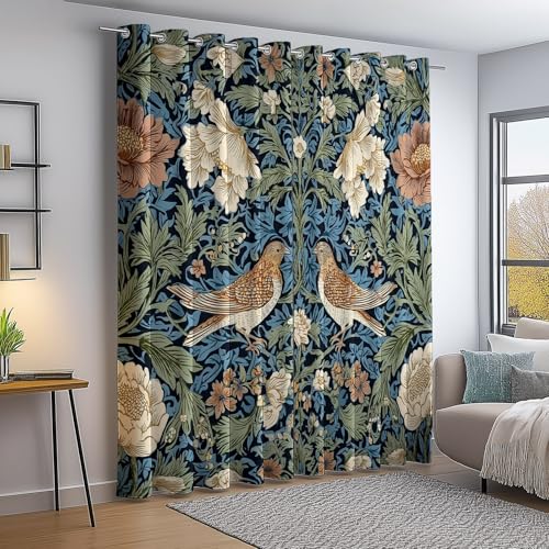 Bunt Blickdicht Gardinen mit Ösen, William Morris Vogel Blume Bedruckt - H260×B140 cm 2er Set, Thermovorhang Kälteschutz Schallschutz Vorhang für Wohnzimmer Schlafzimmer von Generic