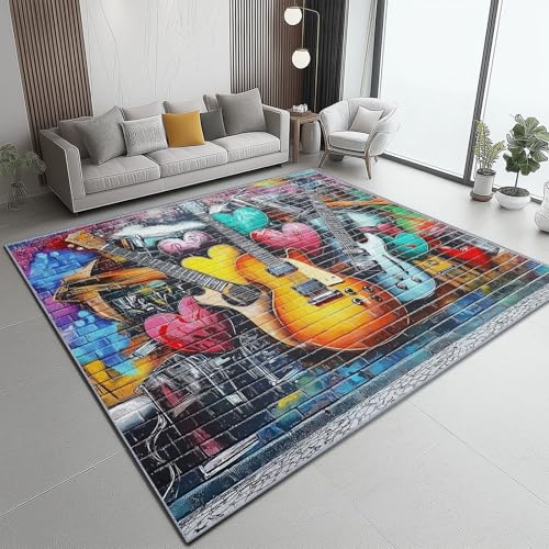 Bunt Flanell Teppich, Abstrakt Graffiti Gitarre Wandfliesen Bedruckter, Weicher Kurzflorteppiche, rutschfest und Waschbar, Bodendekoration 60 x 90 cm, Teppich für Wohnzimmer, Schlafzimmer & Büro Bunt Flanell Teppich, Abstrakt Graffiti Gitarre Wandfliesen Bedruckter, Weicher Kurzflorteppiche, rutschfest und Waschbar, Bodendekoration 60 x 90 cm, Teppich für Wohnzimmer, Schlafzimmer & Büro von Generic