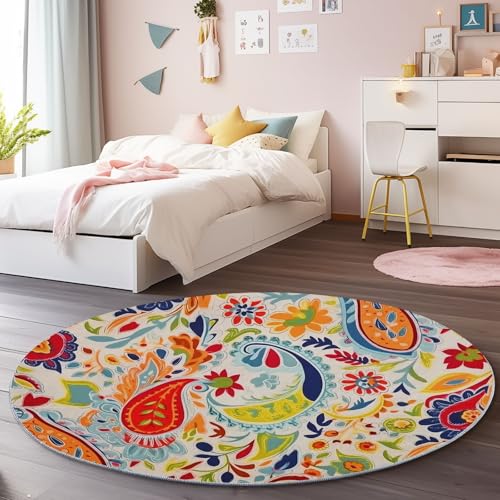 Bunt Runder Teppich 150 cm, Weich Kurzflor Rutschfester Paisley Muster Blätter Bedruckter Waschbar Runder Teppich - für Schlafzimmer Flur Wohnzimmer Couchtisch Bunt Runder Teppich 150 cm, Weich Kurzflor Rutschfester Paisley Muster Blätter Bedruckter Waschbar Runder Teppich - für Schlafzimmer Flur Wohnzimmer Couchtisch von Generic