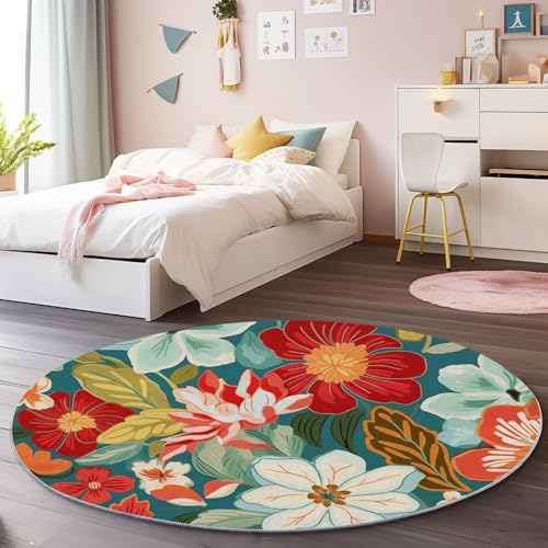 Bunt Runder Teppich 150 cm, Weich Kurzflor Rutschfester Retro Blumen Blätter Bedruckter Waschbar Runder Teppich - für Schlafzimmer Flur Wohnzimmer Couchtisch Bunt Runder Teppich 150 cm, Weich Kurzflor Rutschfester Retro Blumen Blätter Bedruckter Waschbar Runder Teppich - für Schlafzimmer Flur Wohnzimmer Couchtisch von Generic