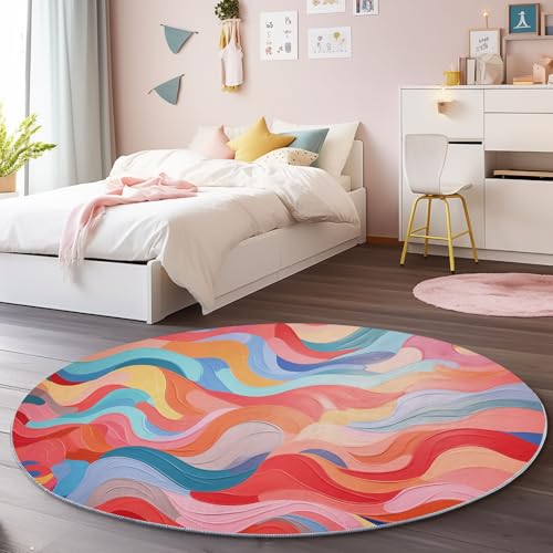 Bunt Runder Teppich 160 cm, Weich Kurzflor Rutschfester Abstrakt Flüssig Wellen Bedruckter Waschbar Runder Teppich - für Schlafzimmer Flur Wohnzimmer Couchtisch Bunt Runder Teppich 160 cm, Weich Kurzflor Rutschfester Abstrakt Flüssig Wellen Bedruckter Waschbar Runder Teppich - für Schlafzimmer Flur Wohnzimmer Couchtisch von Generic