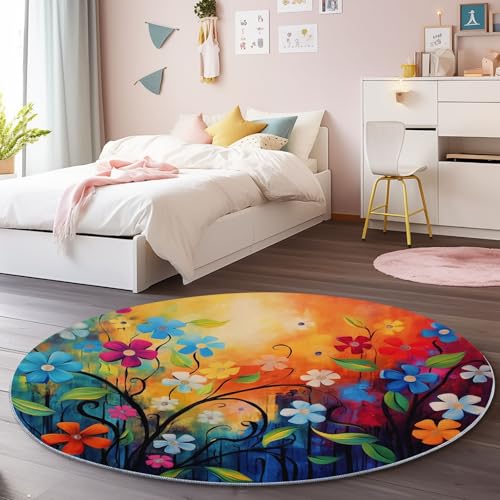 Bunt Runder Teppich 160 cm, Weich Kurzflor Rutschfester Ölgemälde Blätter Ranken Bedruckter Waschbar Runder Teppich - für Schlafzimmer Flur Wohnzimmer Couchtisch Bunt Runder Teppich 160 cm, Weich Kurzflor Rutschfester Ölgemälde Blätter Ranken Bedruckter Waschbar Runder Teppich - für Schlafzimmer Flur Wohnzimmer Couchtisch von Generic