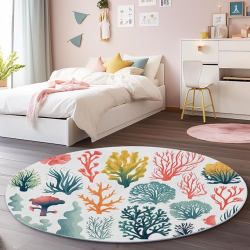 Bunt Runder Teppich 180 cm, Weich Kurzflor Rutschfester Aquarell Koralle Seetang Bedruckter Waschbar Runder Teppich - für Schlafzimmer Flur Wohnzimmer Couchtisch Bunt Runder Teppich 180 cm, Weich Kurzflor Rutschfester Aquarell Koralle Seetang Bedruckter Waschbar Runder Teppich - für Schlafzimmer Flur Wohnzimmer Couchtisch von Generic