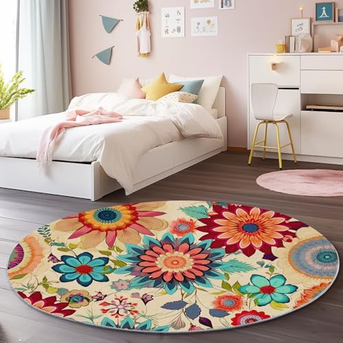 Bunt Runder Teppich 180 cm, Weich Kurzflor Rutschfester Bohème Mandala Blumen Bedruckter Waschbar Runder Teppich - für Schlafzimmer Flur Wohnzimmer Couchtisch Bunt Runder Teppich 180 cm, Weich Kurzflor Rutschfester Bohème Mandala Blumen Bedruckter Waschbar Runder Teppich - für Schlafzimmer Flur Wohnzimmer Couchtisch von Generic