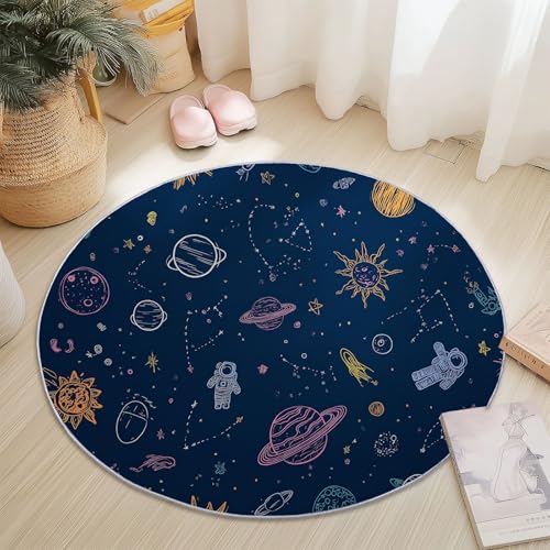 Bunt Runder Teppich 180 cm, Weich Kurzflor Rutschfester Cartoon Handgezeichnet Universum Bedruckter Waschbar Runder Teppich - für Schlafzimmer Flur Wohnzimmer Couchtisch Bunt Runder Teppich 180 cm, Weich Kurzflor Rutschfester Cartoon Handgezeichnet Universum Bedruckter Waschbar Runder Teppich - für Schlafzimmer Flur Wohnzimmer Couchtisch von Generic