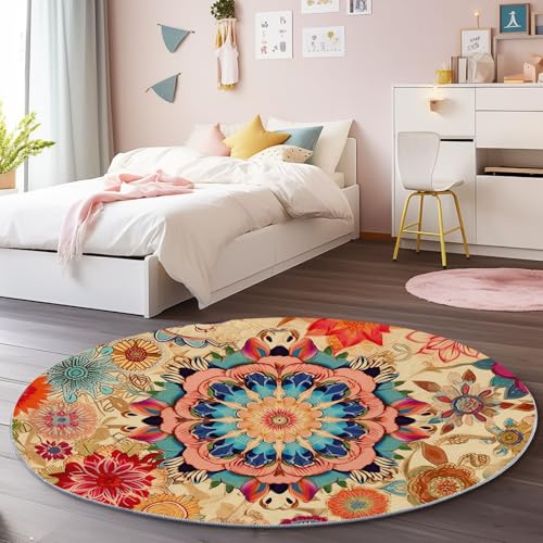Bunt Runder Teppich 180 cm, Weich Kurzflor Rutschfester Ethnisch Mandala Blumen Bedruckter Waschbar Runder Teppich - für Schlafzimmer Flur Wohnzimmer Couchtisch Bunt Runder Teppich 180 cm, Weich Kurzflor Rutschfester Ethnisch Mandala Blumen Bedruckter Waschbar Runder Teppich - für Schlafzimmer Flur Wohnzimmer Couchtisch von Generic