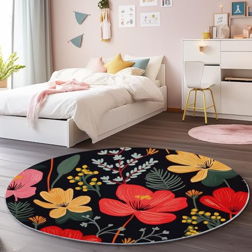 Bunt Runder Teppich 180 cm, Weich Kurzflor Rutschfester Handgezeichnet Blumen Grüne Blätter Bedruckter Waschbar Runder Teppich - für Schlafzimmer Flur Wohnzimmer Couchtisch Bunt Runder Teppich 180 cm, Weich Kurzflor Rutschfester Handgezeichnet Blumen Grüne Blätter Bedruckter Waschbar Runder Teppich - für Schlafzimmer Flur Wohnzimmer Couchtisch von Generic