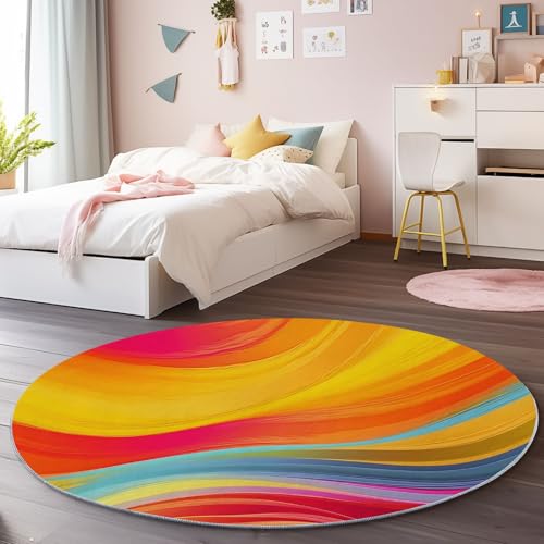 Bunt Runder Teppich 180 cm, Weich Kurzflor Rutschfester Ölgemälde Kurven Wellen Bedruckter Waschbar Runder Teppich - für Schlafzimmer Flur Wohnzimmer Couchtisch Bunt Runder Teppich 180 cm, Weich Kurzflor Rutschfester Ölgemälde Kurven Wellen Bedruckter Waschbar Runder Teppich - für Schlafzimmer Flur Wohnzimmer Couchtisch von Generic