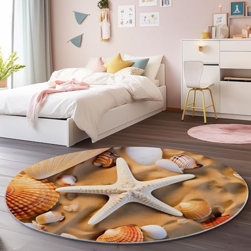 Bunt Runder Teppich 180 cm, Weich Kurzflor Rutschfester Strand Muscheln Seesterne Bedruckter Waschbar Runder Teppich - für Schlafzimmer Flur Wohnzimmer Couchtisch Bunt Runder Teppich 180 cm, Weich Kurzflor Rutschfester Strand Muscheln Seesterne Bedruckter Waschbar Runder Teppich - für Schlafzimmer Flur Wohnzimmer Couchtisch von Generic