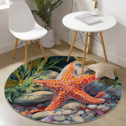 Bunt Runder Teppich Wohnzimmer, Tiere Seesterne Wasserpflanzen Muster Kurzflor Anti-Rutsch Teppiche für Wohnzimmer Schlafzimmer Esszimmer Kamin, 160 x 160 cm Sommer Teppich Dekoration Bunt Runder Teppich Wohnzimmer, Tiere Seesterne Wasserpflanzen Muster Kurzflor Anti-Rutsch Teppiche für Wohnzimmer Schlafzimmer Esszimmer Kamin, 160 x 160 cm Sommer Teppich Dekoration von Generic