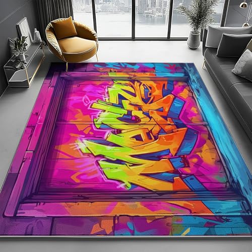 Bunt Waschbarer Kurzflor Teppich, Weicher Rutschfester Teppich, Kurzflor Cartoon-Graffiti-Straßenkunst Bedruckter Läufer für Innenbereich Schlafzimmer, 140 x 200 cm von Generic
