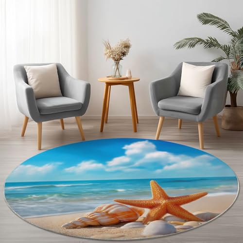 Bunt Weich Runde Teppiche, Natur Muscheln Strand Blauer Himmel Drucken rutschfest Teppich, Durchmesser 180 cm Waschbar Flanell Rund Teppich für Wohnzimmer Schlafzimmer von Generic