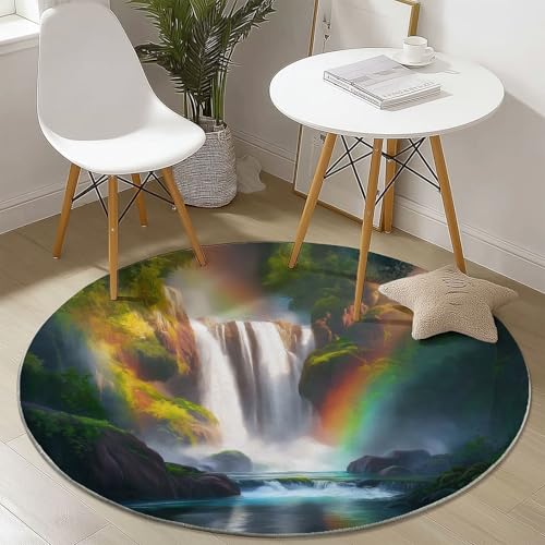 Bunt Weich Runde Teppiche, Natur Wald Wasserfall Regenbogen Drucken rutschfest Teppich, Durchmesser 60 cm Waschbar Flanell Rund Teppich für Wohnzimmer Schlafzimmer von Generic