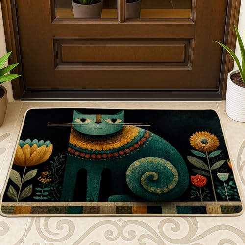 Bunte Katzen-Fußmatte, blaugrün, Blumenmotiv, Eingangsmatte für Frühling, Heimdekoration, Gummi, rutschfest, Staubschutz, für den Innen- und Außenbereich, leicht zu reinigen, 73,2 x 43,2 cm von Generic